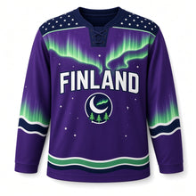 Load image into Gallery viewer, Finland Northern Lights Original Hockey Jersey in Polar Violet, front view – custom name and number