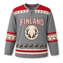 Load image into Gallery viewer, Finland Reindeer Trail Original Hockey Jersey in Fell Gray, front view – custom name and number