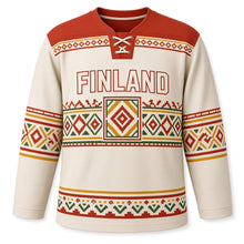 Load image into Gallery viewer, Finland Rya Weave Original Hockey Jersey in Natural Linen, front view – custom name and number