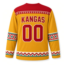 Load image into Gallery viewer, Finland Rya Weave Original Hockey Jersey in Mustard Gold, back view with your name and number