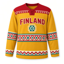 Load image into Gallery viewer, Finland Rya Weave Original Hockey Jersey in Mustard Gold, front view – custom name and number