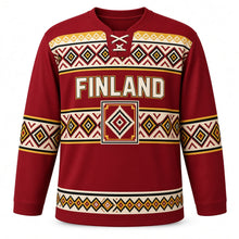 Load image into Gallery viewer, Finland Rya Weave Original Hockey Jersey in Berry Red, front view – custom name and number