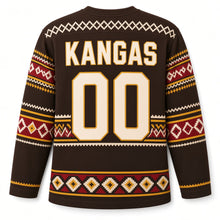 Load image into Gallery viewer, Finland Rya Weave Original Hockey Jersey in Rye Brown, back view with your name and number