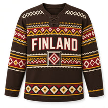 Load image into Gallery viewer, Finland Rya Weave Original Hockey Jersey in Rye Brown, front view – custom name and number