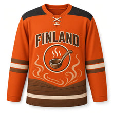 Load image into Gallery viewer, Finland Sauna Steam Original Hockey Jersey in Ember Orange, front view – custom name and number