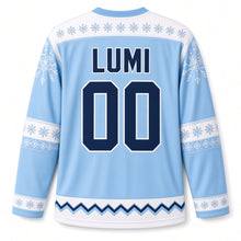 Load image into Gallery viewer, Finland Snowfall Original Hockey Jersey in Ice Blue, back view with your name and number