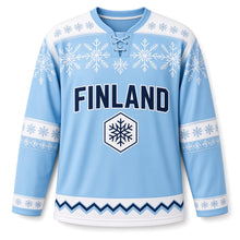 Load image into Gallery viewer, Finland Snowfall Original Hockey Jersey in Ice Blue, front view – custom name and number