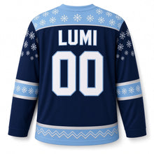Load image into Gallery viewer, Finland Snowfall Original Hockey Jersey in Winter Navy, back view with your name and number