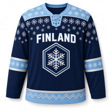 Load image into Gallery viewer, Finland Snowfall Original Hockey Jersey in Winter Navy, front view – custom name and number