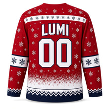 Load image into Gallery viewer, Finland Snowfall Original Hockey Jersey in Cranberry, back view with your name and number