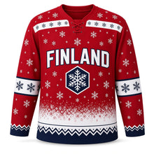 Load image into Gallery viewer, Finland Snowfall Original Hockey Jersey in Cranberry, front view – custom name and number
