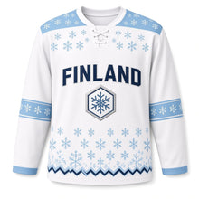 Load image into Gallery viewer, Finland Snowfall Original Hockey Jersey in Powder White, front view – custom name and number