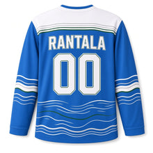 Load image into Gallery viewer, Finland Thousand Lakes Original Hockey Jersey in Lake Blue, back view with your name and number