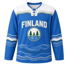 Load image into Gallery viewer, Finland Thousand Lakes Original Hockey Jersey in Lake Blue, front view – custom name and number