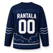 Load image into Gallery viewer, Finland Thousand Lakes Original Hockey Jersey in Midnight Navy, back view with your name and number