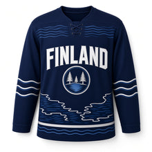 Load image into Gallery viewer, Finland Thousand Lakes Original Hockey Jersey in Midnight Navy, front view – custom name and number