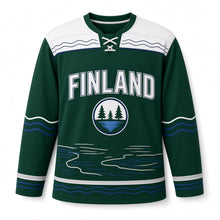 Load image into Gallery viewer, Finland Thousand Lakes Original Hockey Jersey in Pine Green, front view – custom name and number