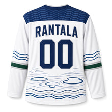 Load image into Gallery viewer, Finland Thousand Lakes Original Hockey Jersey in Snow White, back view with your name and number