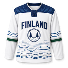 Load image into Gallery viewer, Finland Thousand Lakes Original Hockey Jersey in Snow White, front view – custom name and number