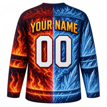 Load image into Gallery viewer, Fire and Ice Original Hockey Jersey in Classic Fire and Ice, back view with your name and number – half-flame half-frost yoke and fire and ice sleeve stripes