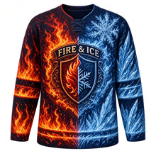 Load image into Gallery viewer, Fire and Ice Original Hockey Jersey in Classic Fire and Ice, front view – flames colliding with ice crystals and split-shield crest, custom name and number