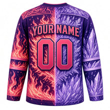 Load image into Gallery viewer, Fire and Ice Original Hockey Jersey in Sunset Glacier, back view with your name and number – half-flame half-frost yoke and fire and ice sleeve stripes