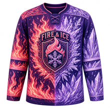 Load image into Gallery viewer, Fire and Ice Original Hockey Jersey in Sunset Glacier, front view – flames colliding with ice crystals and split-shield crest, custom name and number