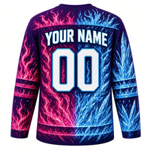 Load image into Gallery viewer, Fire and Ice Original Hockey Jersey in Violet Storm, back view with your name and number – half-flame half-frost yoke and fire and ice sleeve stripes