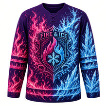 Load image into Gallery viewer, Fire and Ice Original Hockey Jersey in Violet Storm, front view – flames colliding with ice crystals and split-shield crest, custom name and number