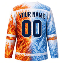 Load image into Gallery viewer, Fire and Ice Original Hockey Jersey in Frost White, back view with your name and number – half-flame half-frost yoke and fire and ice sleeve stripes