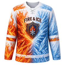 Load image into Gallery viewer, Fire and Ice Original Hockey Jersey in Frost White, front view – flames colliding with ice crystals and split-shield crest, custom name and number