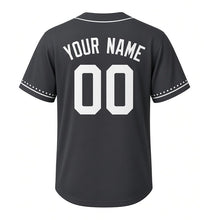 Load image into Gallery viewer, Fireflies Summer Night Milwaukee Baseball Jersey in Night Charcoal, back view with your name and number – custom block name and number with dotted-stripe sleeves