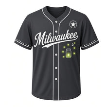 Load image into Gallery viewer, Fireflies Summer Night Milwaukee Baseball Jersey in Night Charcoal, front view – glowing firefly jar and crescent moon graphic with star crest, custom name and number