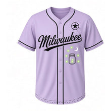 Load image into Gallery viewer, Fireflies Summer Night Milwaukee Baseball Jersey in Evening Lavender, front view – glowing firefly jar and crescent moon graphic with star crest, custom name and number