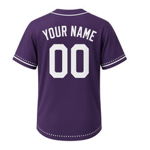 Load image into Gallery viewer, Fireflies Summer Night Milwaukee Baseball Jersey in Twilight Plum, back view with your name and number – custom block name and number with dotted-stripe sleeves