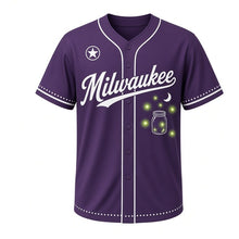 Load image into Gallery viewer, Fireflies Summer Night Milwaukee Baseball Jersey in Twilight Plum, front view – glowing firefly jar and crescent moon graphic with star crest, custom name and number