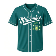 Load image into Gallery viewer, Fireflies Summer Night Milwaukee Baseball Jersey in Dusk Teal, front view – glowing firefly jar and crescent moon graphic with star crest, custom name and number