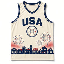Load image into Gallery viewer, Fireworks Night Original Basketball Jersey in Starlight Cream, front view – custom name and number