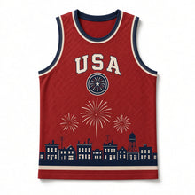 Load image into Gallery viewer, Fireworks Night Original Basketball Jersey in Firecracker Red, front view – custom name and number