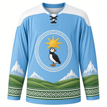 Load image into Gallery viewer, First Day of Summer Original Hockey Jersey in Sky Blue, front view with themed artwork and clean crest