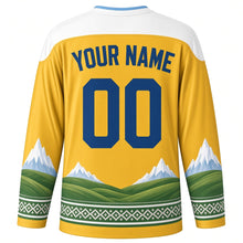 Load image into Gallery viewer, First Day of Summer Original Hockey Jersey in Midnight Sun Gold, back view with custom YOUR NAME and 00