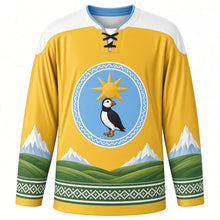 Load image into Gallery viewer, First Day of Summer Original Hockey Jersey in Midnight Sun Gold, front view with themed artwork and clean crest