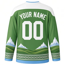Load image into Gallery viewer, First Day of Summer Original Hockey Jersey in Meadow Green, back view with custom YOUR NAME and 00