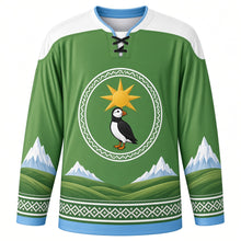Load image into Gallery viewer, First Day of Summer Original Hockey Jersey in Meadow Green, front view with themed artwork and clean crest