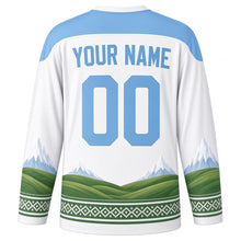 Load image into Gallery viewer, First Day of Summer Original Hockey Jersey in Glacier White, back view with custom YOUR NAME and 00