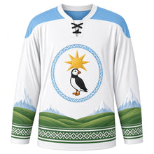 Load image into Gallery viewer, First Day of Summer Original Hockey Jersey in Glacier White, front view with themed artwork and clean crest
