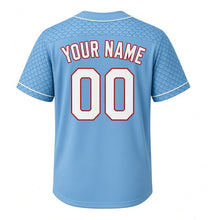 Load image into Gallery viewer, Fish Fry Friday Milwaukee Baseball Jersey in Lake Perch Blue, back view with your name and number – fish-scale sleeves and checkered hem