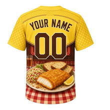 Load image into Gallery viewer, Fish Fry Friday Milwaukee Baseball Jersey in Lemon Wedge Yellow, back view with your name and number – fish-scale sleeves and checkered hem