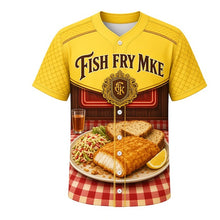 Load image into Gallery viewer, Fish Fry Friday Milwaukee Baseball Jersey in Lemon Wedge Yellow, front view – beer-battered cod, rye bread and supper-club art, custom name and number
