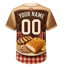 Load image into Gallery viewer, Fish Fry Friday Milwaukee Baseball Jersey in Rye Bread Brown, back view with your name and number – fish-scale sleeves and checkered hem